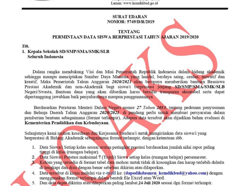 Kemendikbud Pastikan Surat Permintaan Data Siswa Berprestasi Hoax Kemendikbud Pastikan Surat Permintaan Data Siswa Berprestasi Hoax