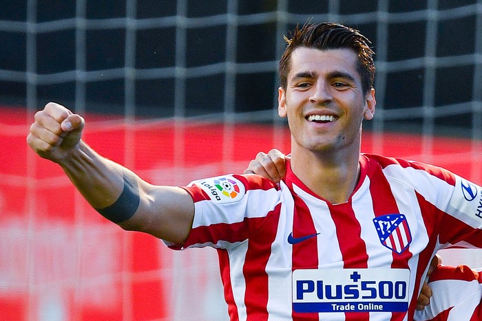 VIGO, SPAIN - JULY 07: Alvaro Morata of Atletico de Madrid celebrates after scoring his teams first goal during the Liga match between RC Celta de Vigo and Club Atletico de Madrid at Abanca-Balaídos on July 07, 2020 in Vigo, Spain. Football Stadiums around Europe remain empty due to the Coronavirus Pandemic as Government social distancing laws prohibit fans inside venues resulting in all fixtures being played behind closed doors. (Photo by Octavio Passos/Getty Images)