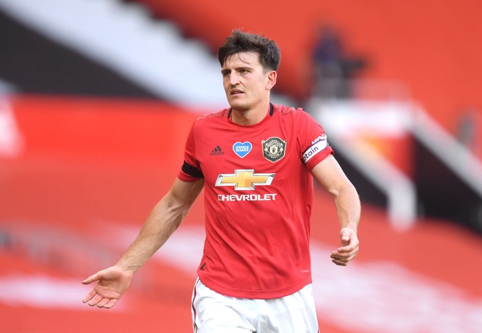 MANCHESTER, ENGLAND - JUNE 24: Harry Maguire of Manchester United reacts during the Premier League match between Manchester United and Sheffield United at Old Trafford on June 24, 2020 in Manchester, England. (Photo by Michael Regan/Getty Images)