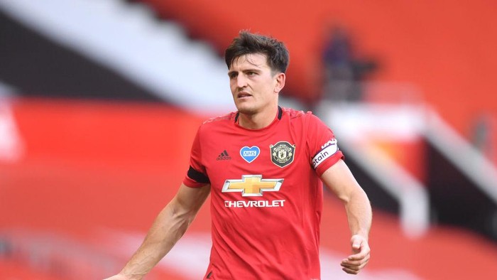 MANCHESTER, ENGLAND - JUNE 24: Harry Maguire of Manchester United reacts during the Premier League match between Manchester United and Sheffield United at Old Trafford on June 24, 2020 in Manchester, England. (Photo by Michael Regan/Getty Images)