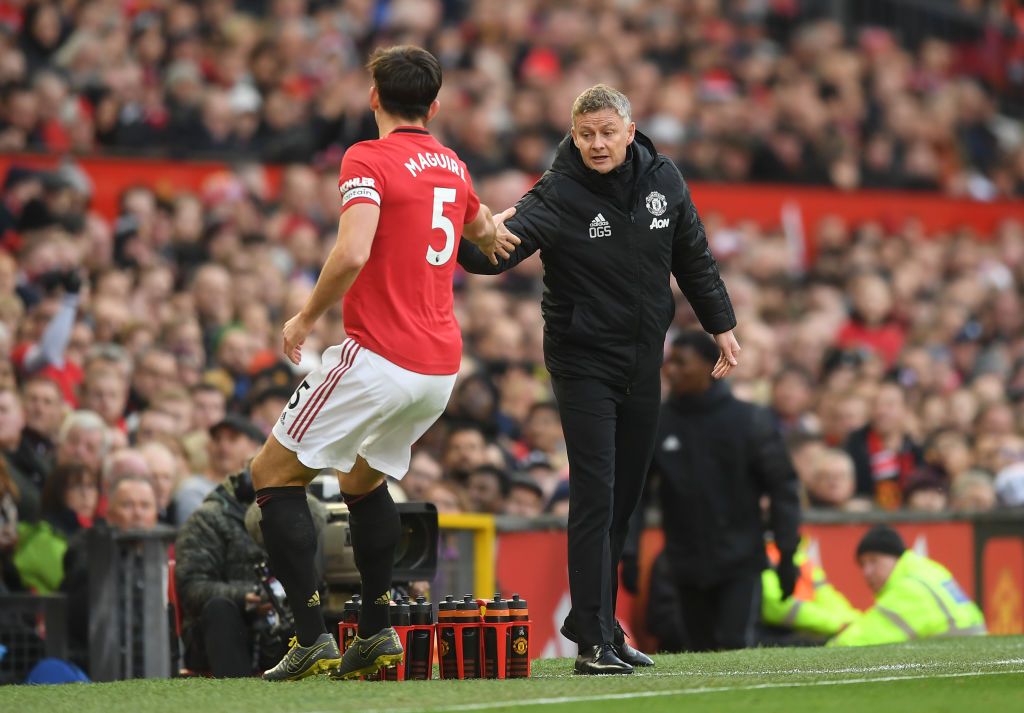 MANCHESTER, ENGLAND - JUNE 24: Harry Maguire of Manchester United reacts during the Premier League match between Manchester United and Sheffield United at Old Trafford on June 24, 2020 in Manchester, England. (Photo by Michael Regan/Getty Images)