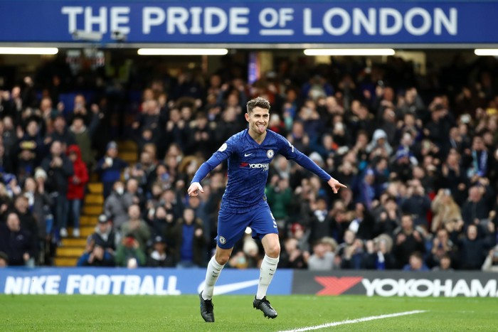 LONDON, ENGLAND - JANUARY 11: Jorginho of Chelsea celebrates after scoring his teams first goal during the Premier League match between Chelsea FC and Burnley FC at Stamford Bridge on January 11, 2020 in London, United Kingdom. (Photo by Bryn Lennon/Getty Images )