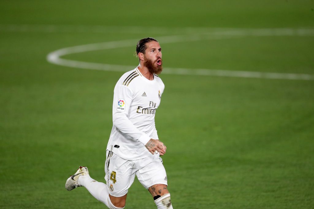 MADRID, SPAIN - JUNE 24:   Sergio Ramos of Real Madrid celebrates scoring his sides second goal during the Liga match between Real Madrid CF and RCD Mallorca at Estadio Alfredo Di Stefano on June 24, 2020 in Madrid, Spain. (Photo by Gonzalo Arroyo Moreno/Getty Images)