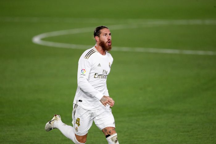 Sergio Ramos MADRID, SPAIN - JUNE 24: Sergio Ramos of Real Madrid celebrates scoring his sides second goal during the Liga match between Real Madrid CF and RCD Mallorca at Estadio Alfredo Di Stefano on June 24, 2020 in Madrid, Spain. (Photo by Gonzalo Arroyo Moreno/Getty Images)