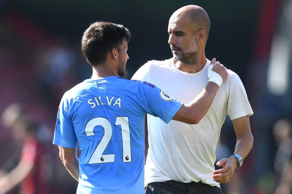 MANCHESTER, ENGLAND - SEPTEMBER 21: David Silva of Manchester City (21) celebrates as he scores his team's first goal during the Premier League match between Manchester City and Watford FC at Etihad Stadium on September 21, 2019 in Manchester, United Kingdom. (Photo by Alex Livesey/Getty Images)