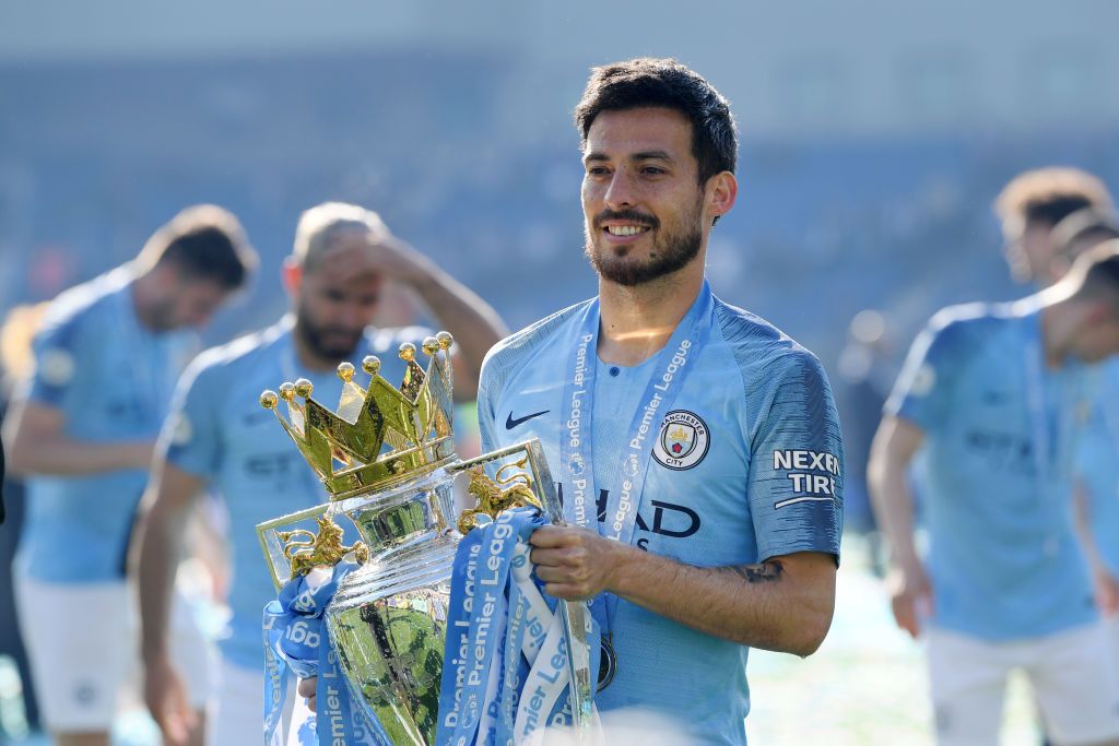 MANCHESTER, ENGLAND - SEPTEMBER 21: David Silva of Manchester City (21) celebrates as he scores his team's first goal during the Premier League match between Manchester City and Watford FC at Etihad Stadium on September 21, 2019 in Manchester, United Kingdom. (Photo by Alex Livesey/Getty Images)