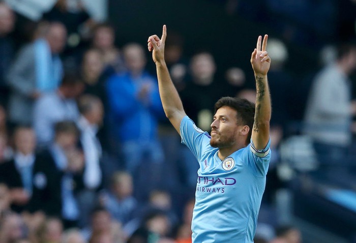 MANCHESTER, ENGLAND - SEPTEMBER 21: David Silva of Manchester City (21) celebrates as he scores his teams first goal during the Premier League match between Manchester City and Watford FC at Etihad Stadium on September 21, 2019 in Manchester, United Kingdom. (Photo by Alex Livesey/Getty Images)