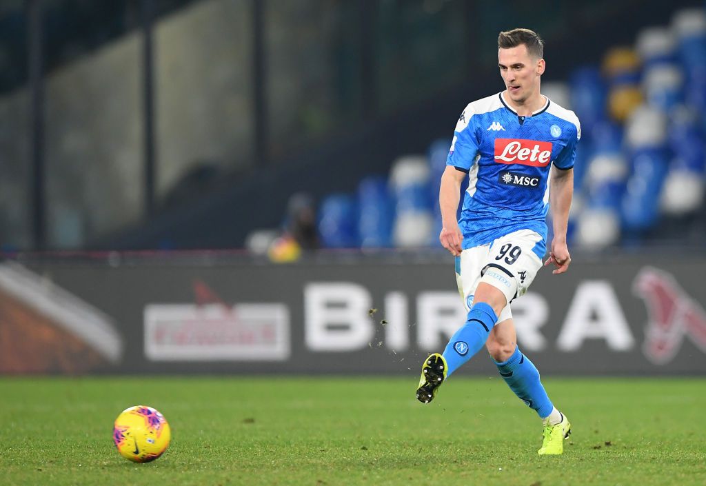 NAPLES, ITALY - JULY 05: Arkadiusz Milik of SSC Napoli gestures during the Serie A match between SSC Napoli and  AS Roma at Stadio San Paolo on July 05, 2020 in Naples, Italy. (Photo by Francesco Pecoraro/Getty Images)