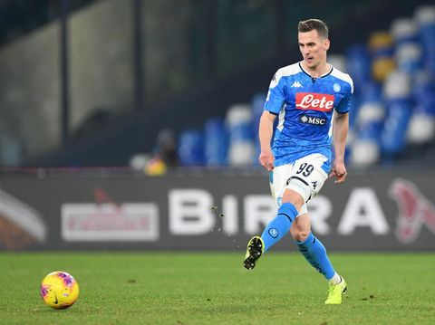 NAPLES, ITALY - JULY 05: Arkadiusz Milik of SSC Napoli gestures during the Serie A match between SSC Napoli and  AS Roma at Stadio San Paolo on July 05, 2020 in Naples, Italy. (Photo by Francesco Pecoraro/Getty Images)