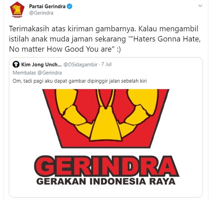 Capture Twitter Gerindra membalas cuitan logo garuda diganti lobster (Dok. Screenshot Twitter Gerindra)