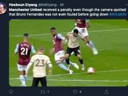 Kemenangan MU tak lepas dari kontroversi. Sejumlah netizen mempertanyakan kelayakan Bruno Fernandes dapat penalti, yang berujung gol pertama MU. (Foto: screenshot Internet/Twitter)