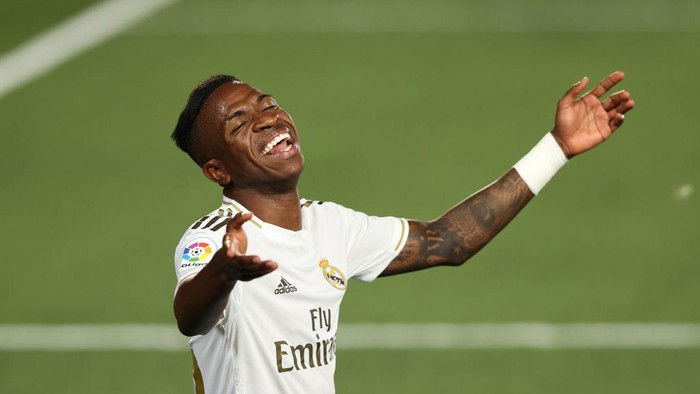 MADRID, SPAIN - JULY 02: Vinicius Junior of Real Madrid reacts during the Liga match between Real Madrid CF and Getafe CF at Estadio Alfredo Di Stefano on July 02, 2020 in Madrid, Spain. Football Stadiums around Europe remain empty due to the Coronavirus Pandemic as Government social distancing laws prohibit fans inside venues resulting in all fixtures being played behind closed doors. (Photo by Angel Martinez/Getty Images)