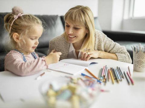 Happy mother and smiling daughter together painting  using marks