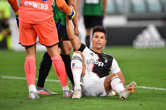 TURIN, ITALY - JULY 11:  Cristiano Ronaldo of Juventus looks on during the Serie A match between Juventus and  Atalanta BC at Allianz Stadium on July 11, 2020 in Turin, Italy.  (Photo by Valerio Pennicino/Getty Images)