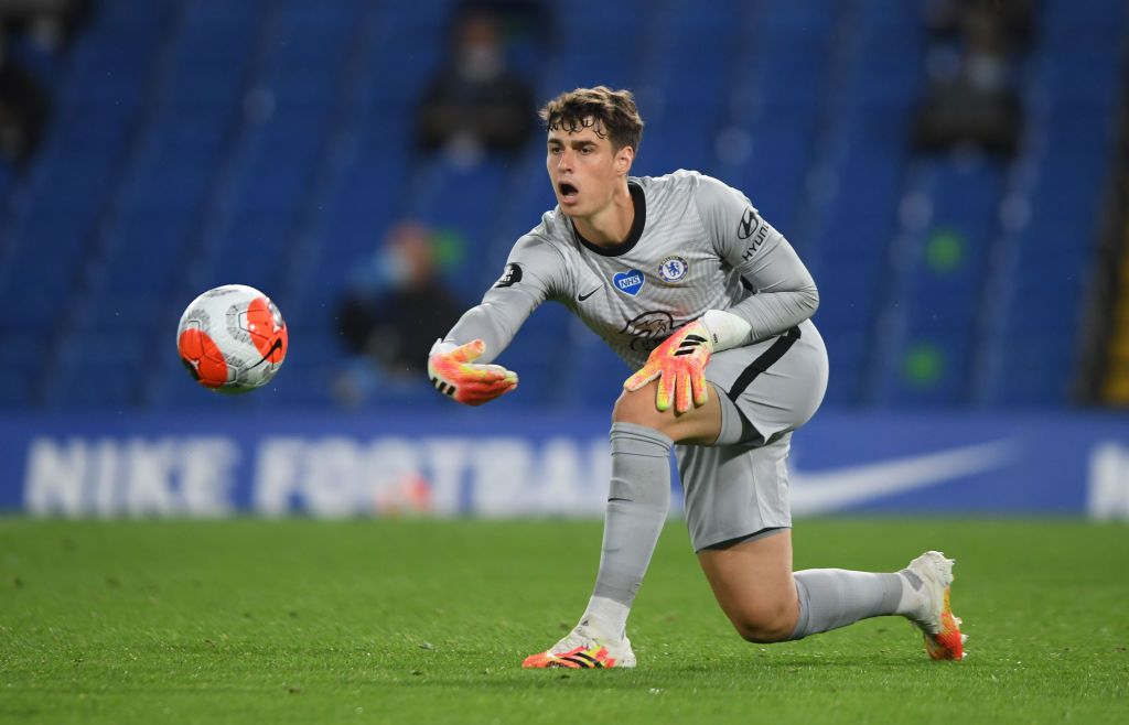 LONDON, ENGLAND - JULY 04: Kepa Arrizabalaga of Chelsea throws the ball out during the Premier League match between Chelsea FC and Watford FC at Stamford Bridge on July 04, 2020 in London, England. Football Stadiums around Europe remain empty due to the Coronavirus Pandemic as Government social distancing laws prohibit fans inside venues resulting in all fixtures being played behind closed doors. (Photo by Mike Hewitt/Getty Images)
