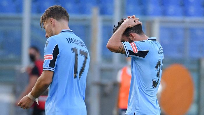 Lazio ROME, ITALY - JULY 11: Danilo Catldi and Ciro Immobile of SS Lazio react after the Serie A match between SS Lazio and US Sassuolo at Stadio Olimpico on July 11, 2020 in Rome, Italy. (Photo by Marco Rosi - SS Lazio/Getty Images)