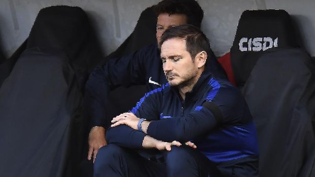 Chelsea's head coach Frank Lampard, left, gestures during the English Premier League soccer match between Sheffield United and Chelsea at Bramall Lane in Sheffield, England, Saturday, July 11, 2020. (Peter Powell/Pool via AP)