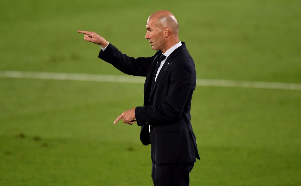 MADRID, SPAIN - JULY 10: Zinédine Zidane, head coach of Real Madrid gestures during the Liga match between Real Madrid CF and Deportivo Alaves at Estadio Alfredo Di Stefano on July 10, 2020 in Madrid, Spain. (Photo by Denis Doyle/Getty Images)