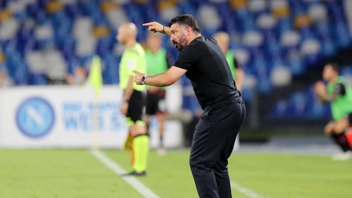 NAPLES, ITALY - JULY 12: Gennaro Gattuso SSC Napoli coach gestures during the Serie A match between SSC Napoli and  AC Milan at Stadio San Paolo on July 12, 2020 in Naples, Italy. (Photo by Francesco Pecoraro/Getty Images)