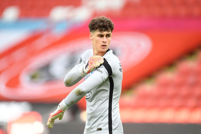 SHEFFIELD, ENGLAND - JULY 11: Kepa Arrizabalaga of Chelsea looks on during the Premier League match between Sheffield United and Chelsea FC at Bramall Lane on July 11, 2020 in Sheffield, England. Football Stadiums around Europe remain empty due to the Coronavirus Pandemic as Government social distancing laws prohibit fans inside venues resulting in all fixtures being played behind closed doors. (Photo by Peter Powell/Pool via Getty Images)