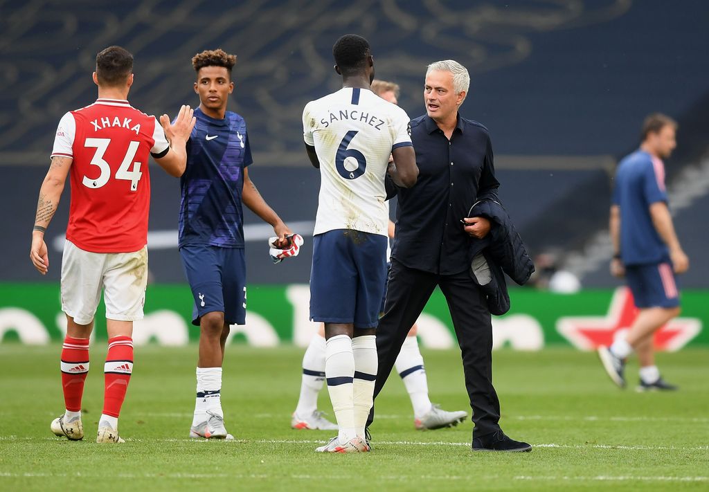 LONDON, ENGLAND - JULY 12: Jose Mourinho, Manager of Tottenham Hotspur celebrates his teams victory after the Premier League match between Tottenham Hotspur and Arsenal FC at Tottenham Hotspur Stadium on July 12, 2020 in London, England. Football Stadiums around Europe remain empty due to the Coronavirus Pandemic as Government social distancing laws prohibit fans inside venues resulting in all fixtures being played behind closed doors. (Photo by Michael Regan/Getty Images)