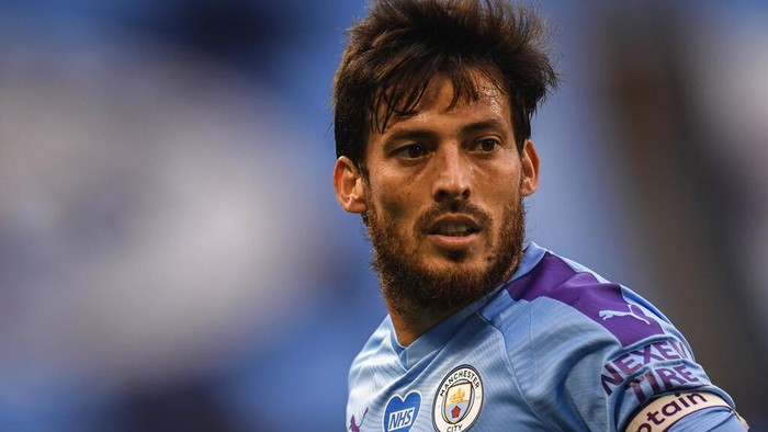 Manchester Citys David Silva during the English Premier League soccer match between Manchester City and Bournemouth at the Ethiad Stadium in Manchester, England, Wednesday, July 15, 2020. (Peter Powell/Pool via AP)