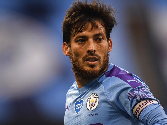 Manchester Citys David Silva during the English Premier League soccer match between Manchester City and Bournemouth at the Ethiad Stadium in Manchester, England, Wednesday, July 15, 2020. (Peter Powell/Pool via AP)