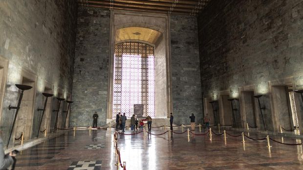 Tourists are visiting Mausoleum of M. Kemal Ataturk - the founder of the Republic of Turkey.