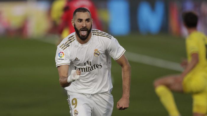 Karim Benzema Real Madrids Karim Benzema celebrates after scoring during the Spanish La Liga soccer match between Real Madrid and Villareal at the Alfredo di Stefano stadium in Madrid, Spain, Thursday, July 16, 2020. (AP Photo/Bernat Armangue)