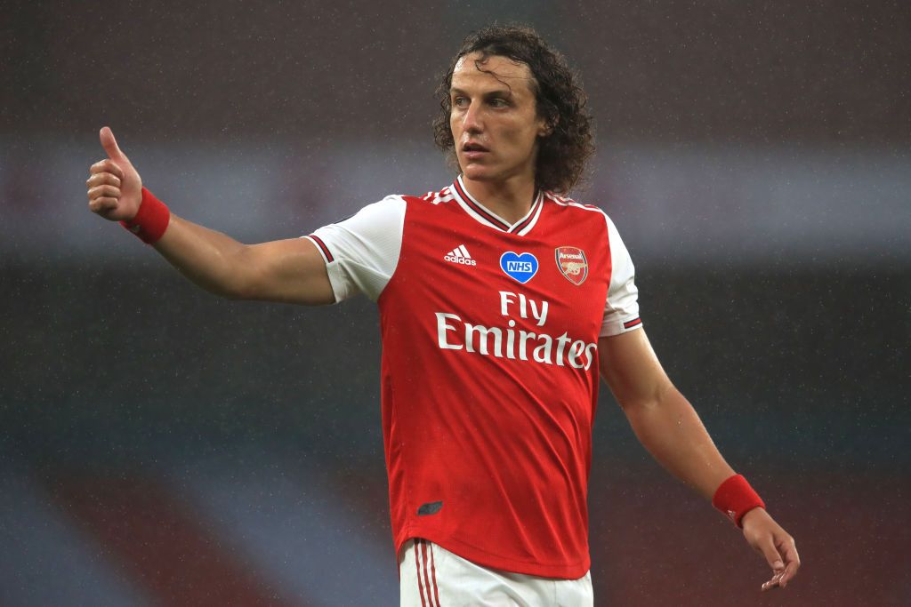 LONDON, ENGLAND - JULY 07: David Luiz of Arsenal reacts during the Premier League match between Arsenal FC and Leicester City at Emirates Stadium on July 07, 2020 in London, England. Football Stadiums around Europe remain empty due to the Coronavirus Pandemic as Government social distancing laws prohibit fans inside venues resulting in all fixtures being played behind closed doors. (Photo by Adam Davy/Pool via Getty Images)