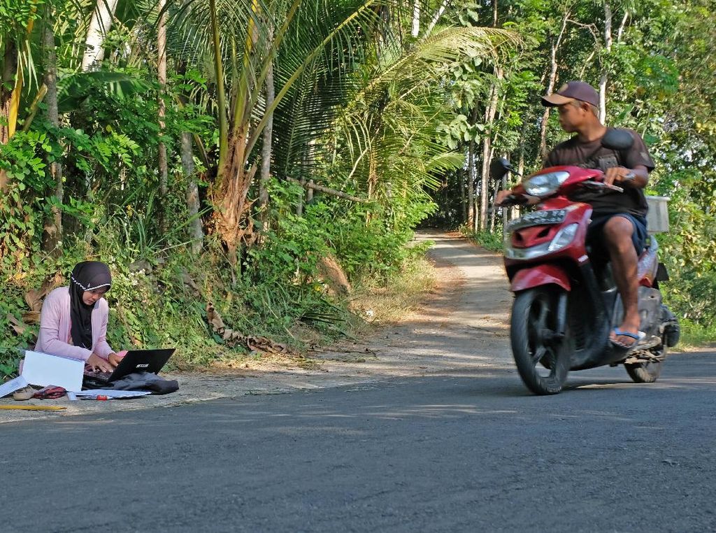 Susah Sinyal, Mahasiswa di Magelang Belajar di Pinggir Jalan Susah Sinyal, Mahasiswa di Magelang Belajar di Pinggir Jalan