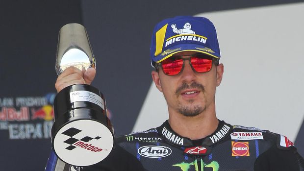 MotoGP rider Maverick Vinales of Spain celebrates his second place at the podium of the Spanish Motorcycle Grand Prix at the Angel Nieto racetrack in Jerez de la Frontera, Spain, Sunday, July 19, 2020. (AP Photo/David Clares)