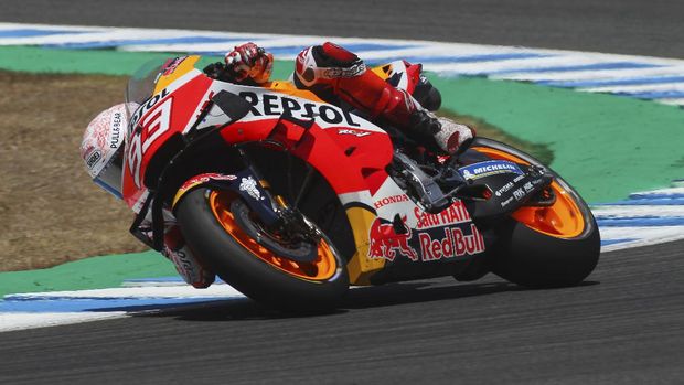 MotoGP rider Marc Marquez of Spain steers his motorcycle during the Spanish Motorcycle Grand Prix at the Angel Nieto racetrack in Jerez de la Frontera, Spain, Sunday, July 19, 2020. (AP Photo/David Clares)
