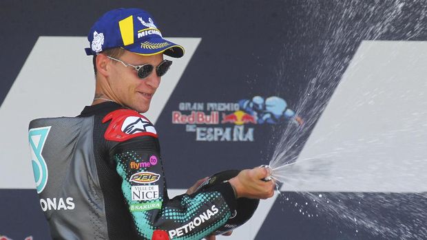 MotoGP rider Fabio Quartararo of France celebrates at the podium after winning the Spanish Motorcycle Grand Prix at the Angel Nieto racetrack in Jerez de la Frontera, Spain, Sunday, July 19, 2020. (AP Photo/David Clares)