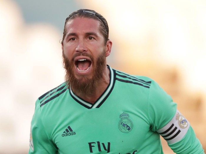 LEGANES, SPAIN - JULY 19: Sergio Ramos of Real Madrid celebrates his team's first goal during the Liga match between CD Leganes and Real Madrid CF at Estadio Municipal de Butarque on July 19, 2020 in Leganes, Spain. (Photo by Gonzalo Arroyo Moreno/Getty Images)
