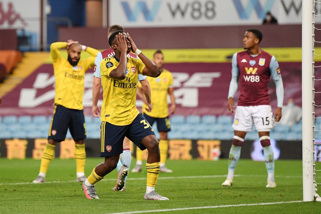 BIRMINGHAM, ENGLAND - JULY 21: Eddie Nketiah of Arsenal shows frustration during the Premier League match between Aston Villa and Arsenal FC at Villa Park on July 21, 2020 in Birmingham, England. Football Stadiums around Europe remain empty due to the Coronavirus Pandemic as Government social distancing laws prohibit fans inside venues resulting in all fixtures being played behind closed doors. (Photo by Shaun Botterill/Getty Images)