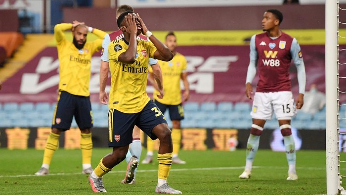 BIRMINGHAM, ENGLAND - JULY 21: Eddie Nketiah of Arsenal shows frustration during the Premier League match between Aston Villa and Arsenal FC at Villa Park on July 21, 2020 in Birmingham, England. Football Stadiums around Europe remain empty due to the Coronavirus Pandemic as Government social distancing laws prohibit fans inside venues resulting in all fixtures being played behind closed doors. (Photo by Shaun Botterill/Getty Images)