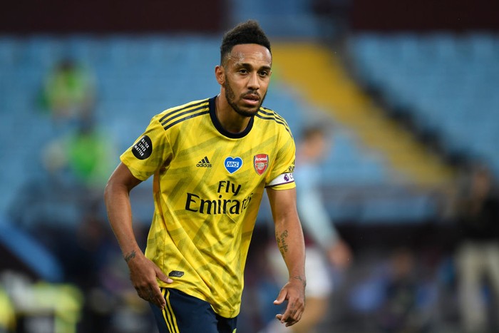 BIRMINGHAM, ENGLAND - JULY 21: Pierre-Emerick Aubameyang of Arsenal looks on during the Premier League match between Aston Villa and Arsenal FC at Villa Park on July 21, 2020 in Birmingham, England. Football Stadiums around Europe remain empty due to the Coronavirus Pandemic as Government social distancing laws prohibit fans inside venues resulting in all fixtures being played behind closed doors. (Photo by Peter Powell/Pool via Getty Images)