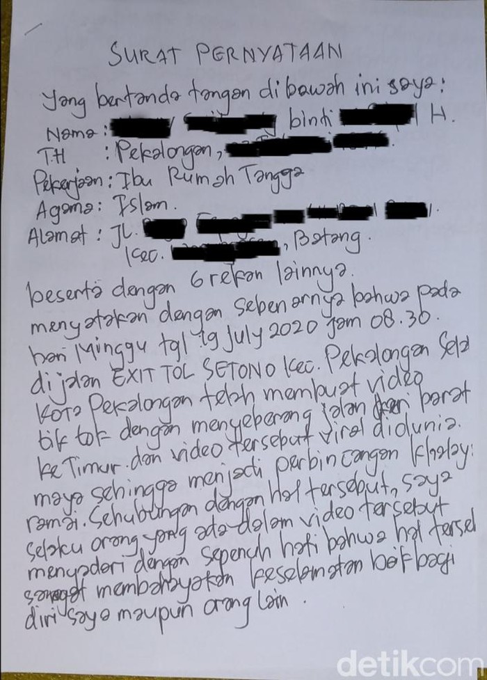 Surat pernyataan emak-emak yang viral main TikTok di Exit Tol Setono, Kota Pekalongan.