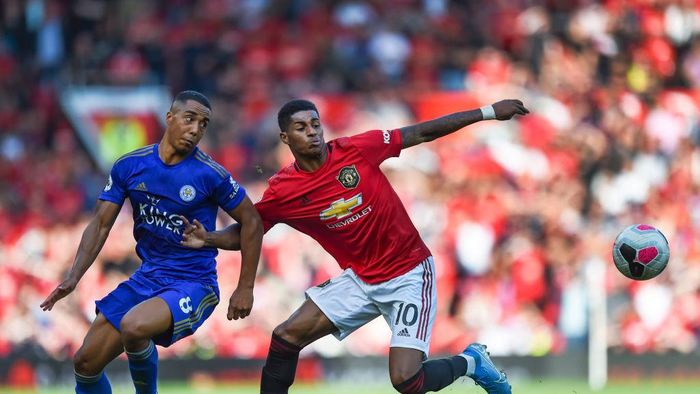 Leicester City vs Manchester United MANCHESTER, ENGLAND - SEPTEMBER 14: Marcus Rashford of Manchester United and Youri Tielemans of Leicester City in action during the Premier League match between Manchester United and Leicester City at Old Trafford on September 14, 2019 in Manchester, United Kingdom. (Photo by Gary Prior/Getty Images)