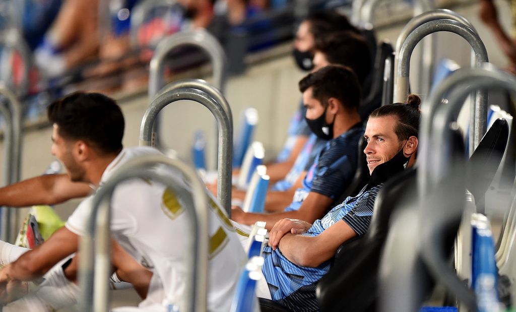 MADRID, SPAIN - JULY 10: Gareth Bale of Real Madrid sits on the bench before the Liga match between Real Madrid CF and Deportivo Alaves at Estadio Alfredo Di Stefano on July 10, 2020 in Madrid, Spain. (Photo by Denis Doyle/Getty Images)