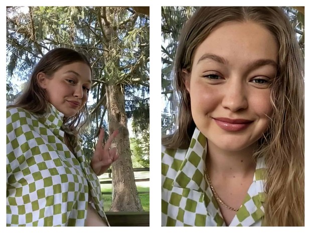 Potret cantik Gigi Hadid pamer perut buncitnya lewat live instagram belum lama ini.