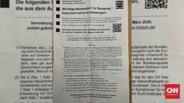 2. Surat peraturan karantina mandiri bagi pendatang asing yang masuk ke Frankfurt, Jerman. (CNNIndonesia/Fandi Stuerz0
