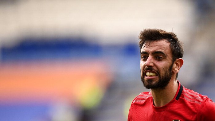 Manchester Uniteds Bruno Fernandes reacts during the English Premier League soccer match between Leicester City and Manchester United at the King Power Stadium, in Leicester, England, Sunday, July 26, 2020. (Oli Scarff/Pool via AP)