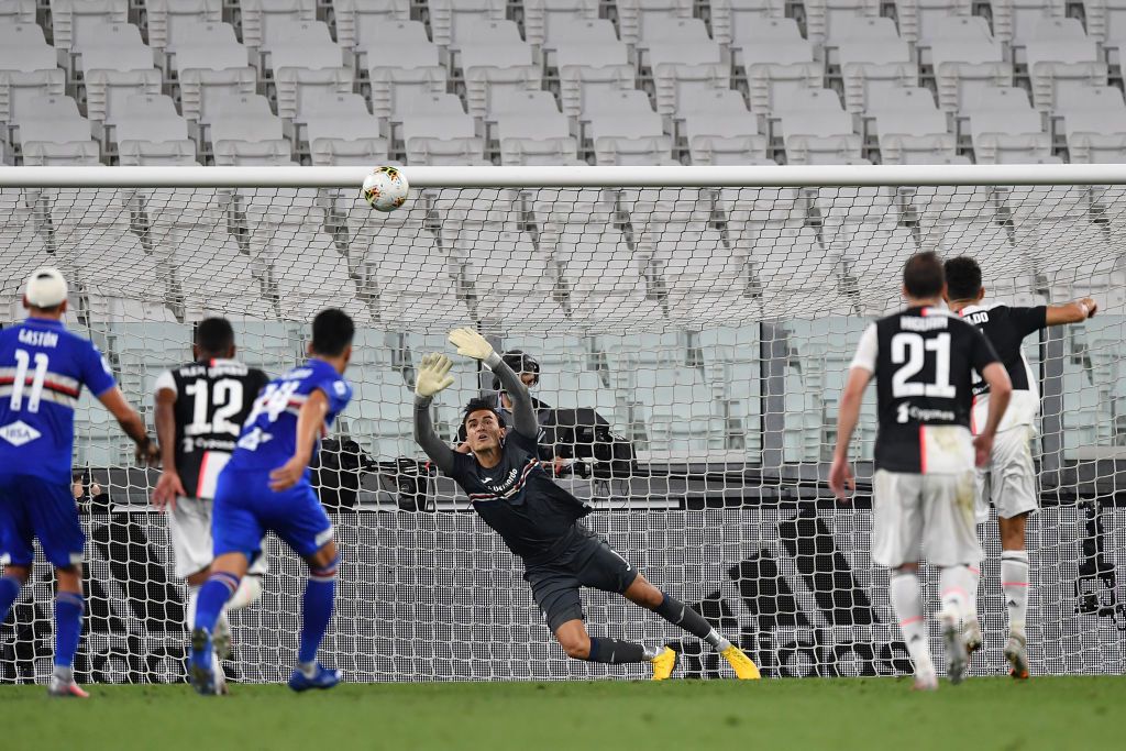 TURIN, ITALY - JULY 26:  Cristiano Ronaldo of Juventus reacts during the Serie A match between Juventus and  UC Sampdoria at Allianz Stadium on July 26, 2020 in Turin, Italy.  (Photo by Valerio Pennicino/Getty Images)