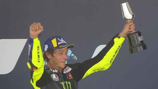 MotoGP Yamaha rider Valentino Rossi of Italy celebrates 3rd place during the Andalucia Motorcycle Grand Prix at the Angel Nieto racetrack in Jerez de la Frontera, Spain, Sunday July 26, 2020. (AP Photo/David Clares)