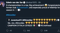 Yang ini ucapan selamat dari Edwin van der Sar, yang pernah jadi kiper Juve. (Foto: internet/Twitter)
