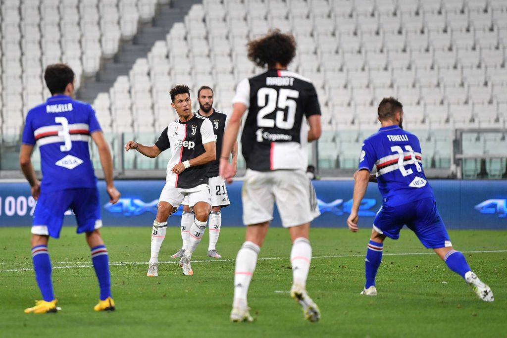 TURIN, ITALY - JULY 26:  Cristiano Ronaldo of Juventus celebrates the opening goal during the Serie A match between Juventus and  UC Sampdoria at Allianz Stadium on July 26, 2020 in Turin, Italy.  (Photo by Valerio Pennicino/Getty Images)