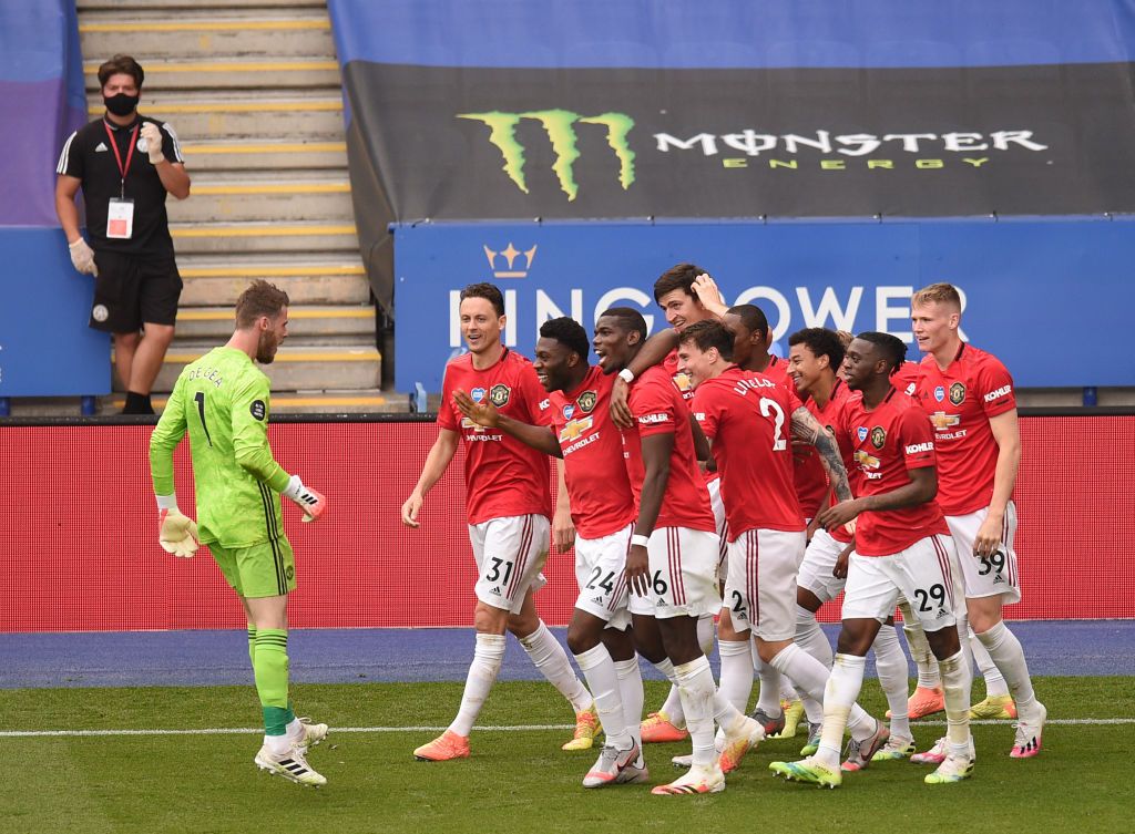 LEICESTER, ENGLAND - JULY 26: Jesse Lingard of Manchester United celebrates scoring his sides second goal during the Premier League match between Leicester City and Manchester United at The King Power Stadium on July 26, 2020 in Leicester, England.Football Stadiums around Europe remain empty due to the Coronavirus Pandemic as Government social distancing laws prohibit fans inside venues resulting in all fixtures being played behind closed doors. (Photo by Oli Scarff/Pool via Getty Images)