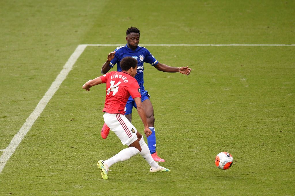 LEICESTER, ENGLAND - JULY 26: Jesse Lingard of Manchester United celebrates scoring his sides second goal during the Premier League match between Leicester City and Manchester United at The King Power Stadium on July 26, 2020 in Leicester, England.Football Stadiums around Europe remain empty due to the Coronavirus Pandemic as Government social distancing laws prohibit fans inside venues resulting in all fixtures being played behind closed doors. (Photo by Oli Scarff/Pool via Getty Images)